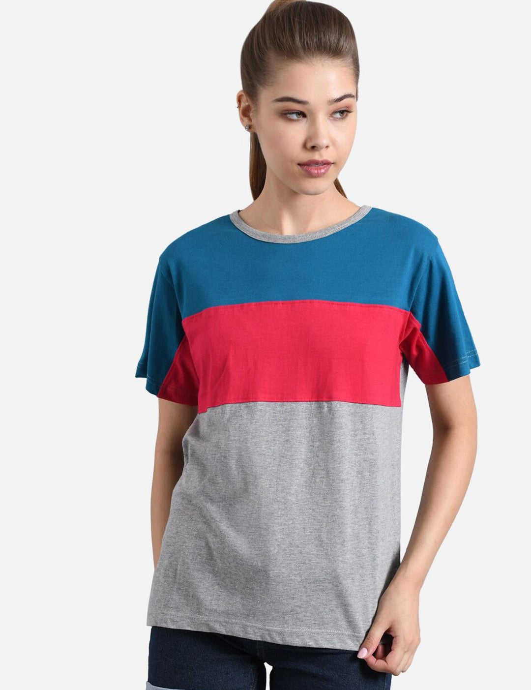 Kotty Women Pack of 2 Colourblocked Round Neck Pure Cotton T-shirts