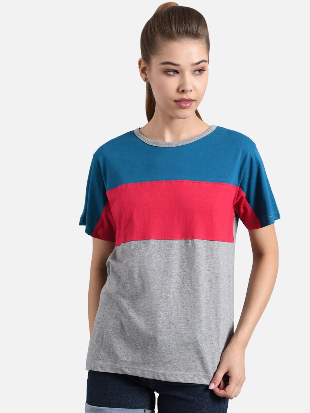 Kotty Women Pack of 2 Colourblocked Round Neck Pure Cotton T-shirts