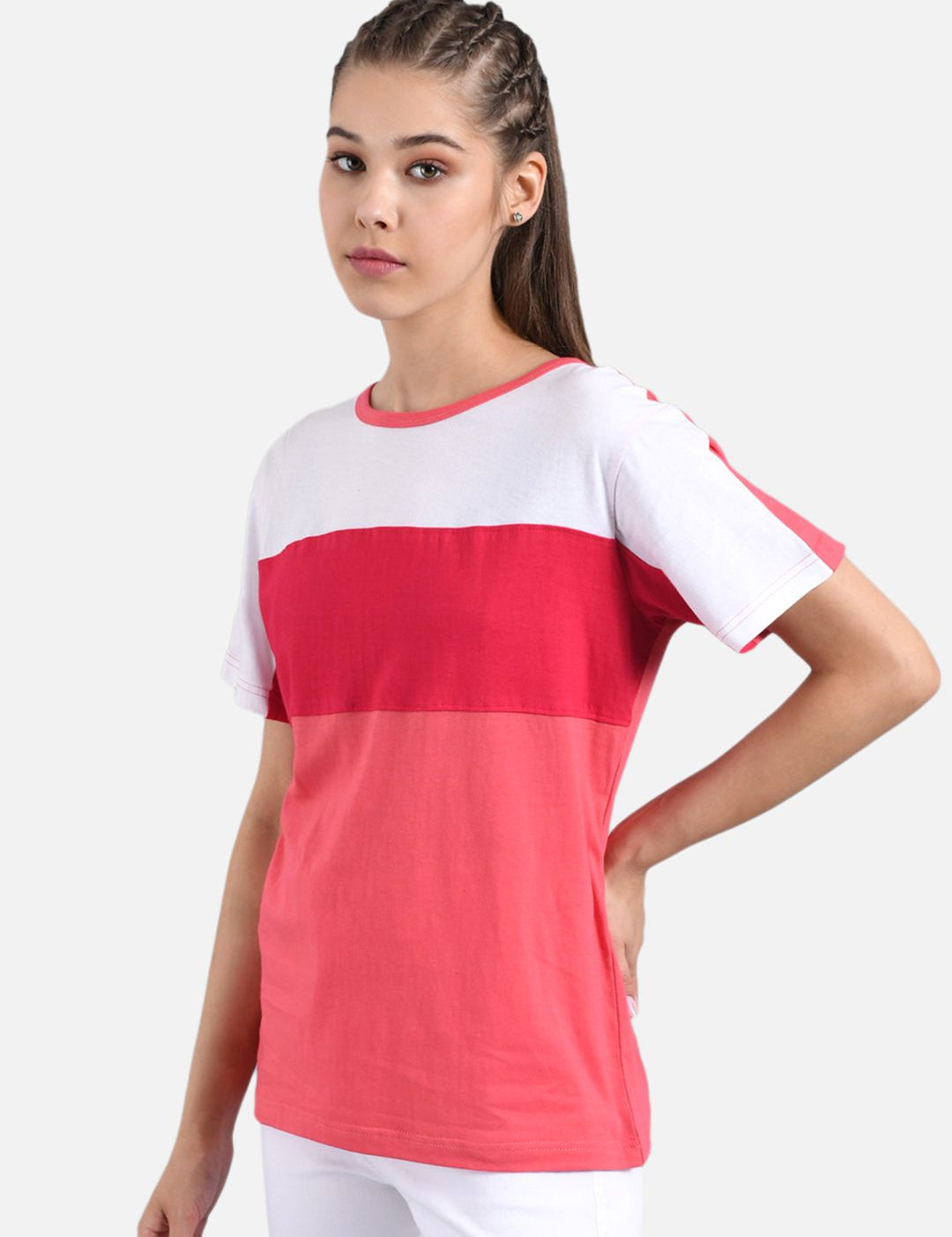 Kotty Women Pink & White Colourblocked Round Neck T-shirt