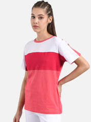 Kotty Women Pink & White Colourblocked Round Neck T-shirt