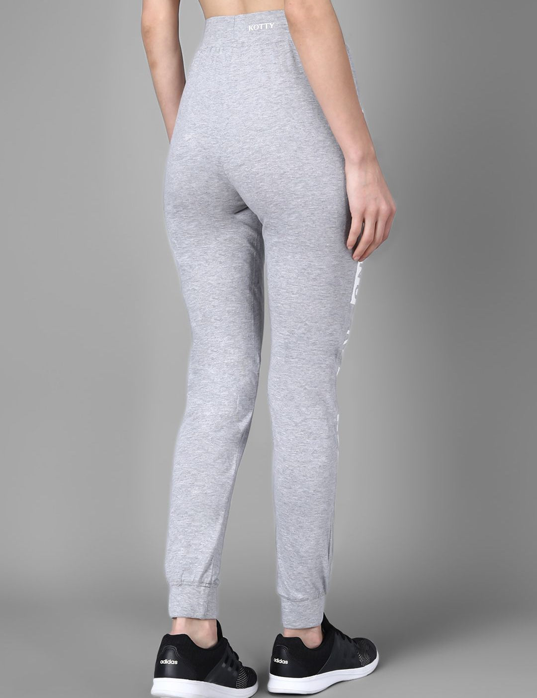 Kotty Women Grey Melange & White Printed Joggers