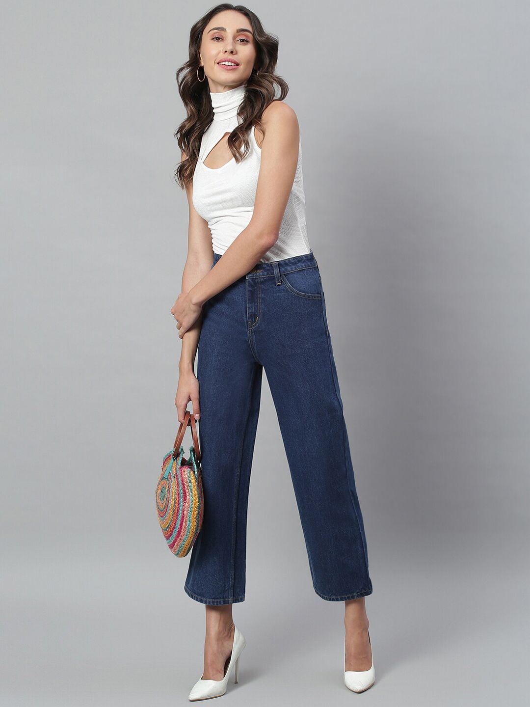 Kotty Women Blue Solid Cotton High Rise Crop Flared Jeans