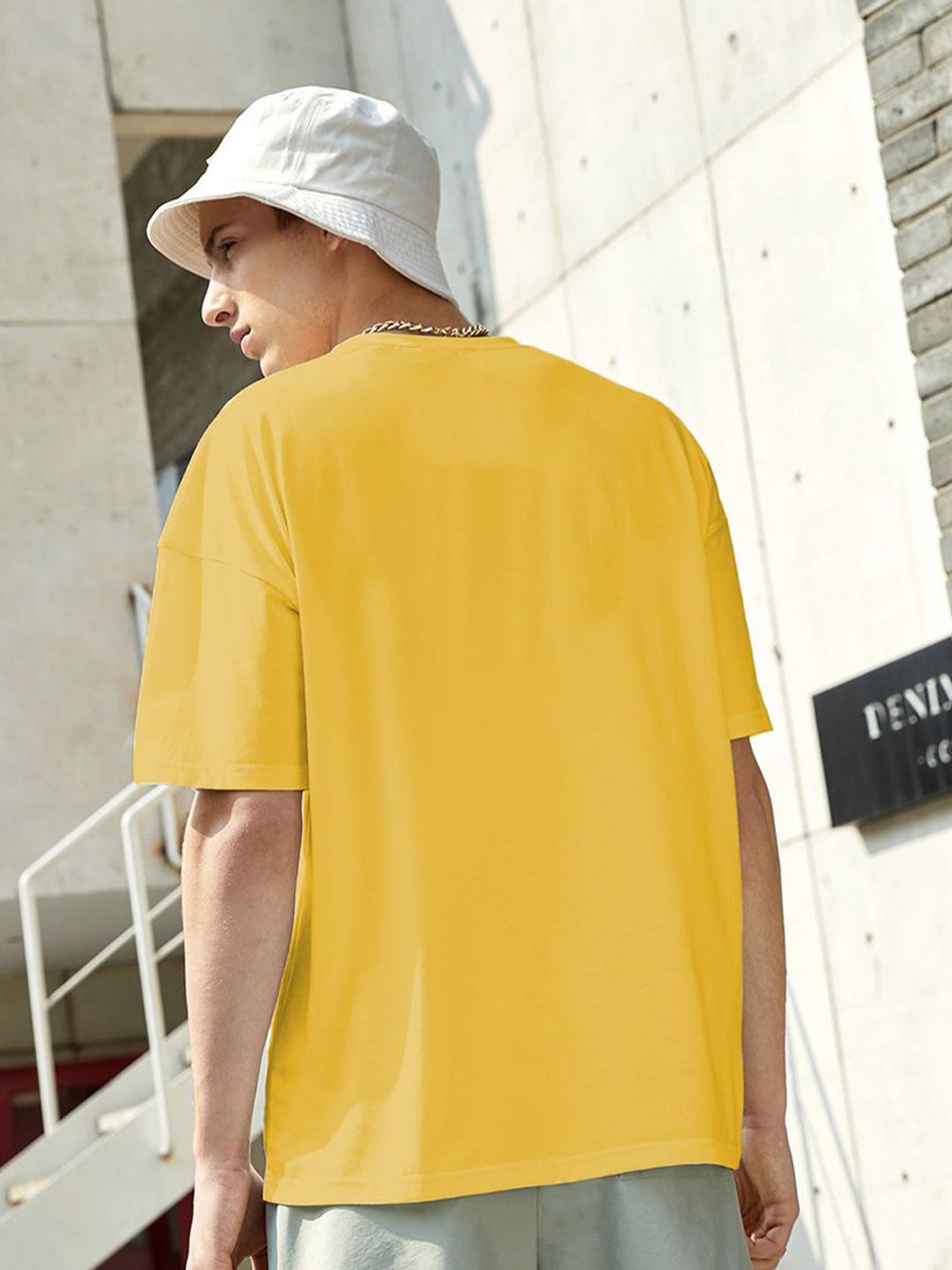 Kotty Yellow Drop-Shoulder Sleeves Oversized Cotton Casual T-Shirt