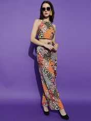 Kotty Pink Floral Printed Halter Neck Sleeveless Crop Top & Palazzo 