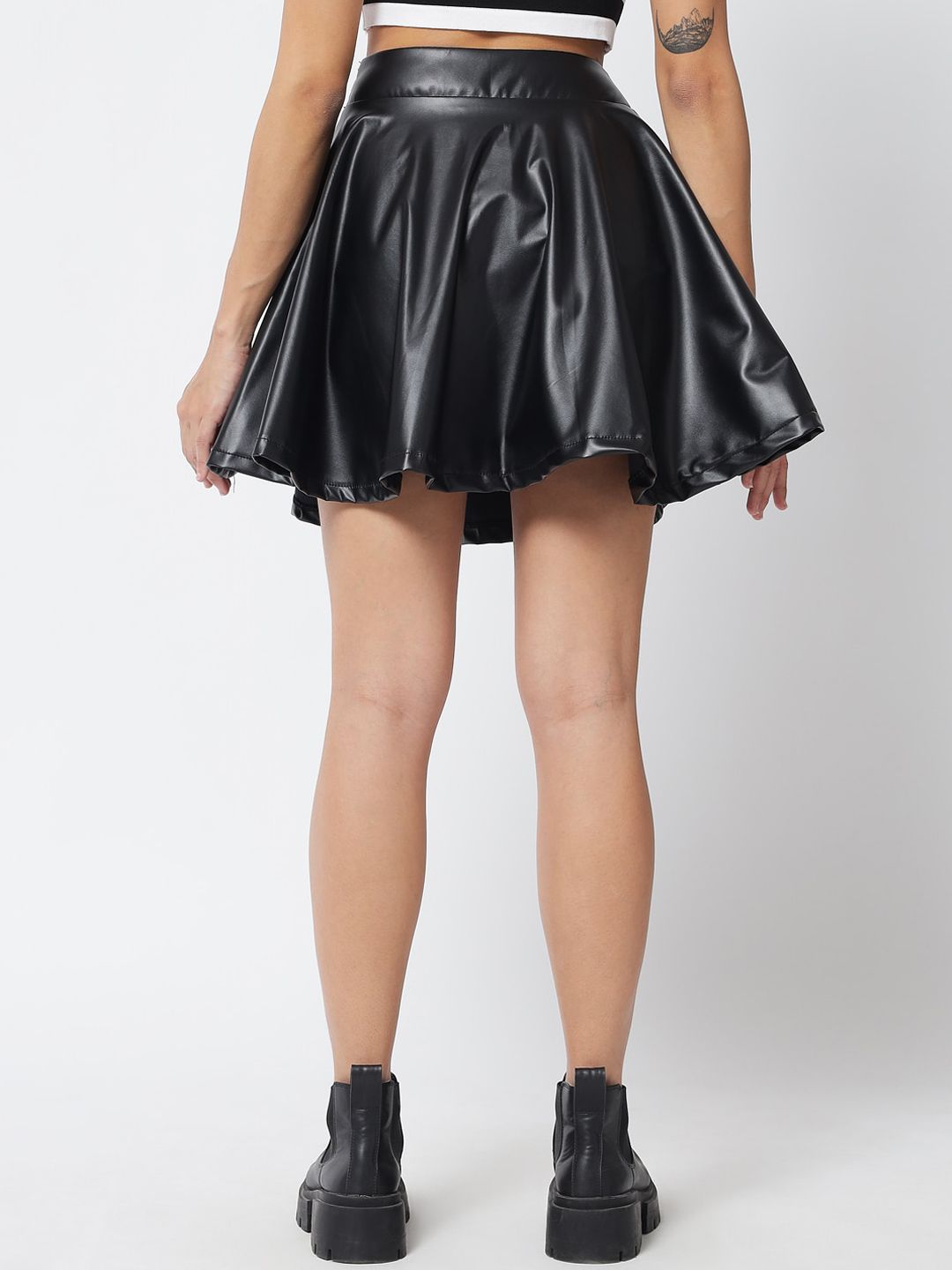 Kotty Women Black Solid Flared Faux Leather Mini Skirt