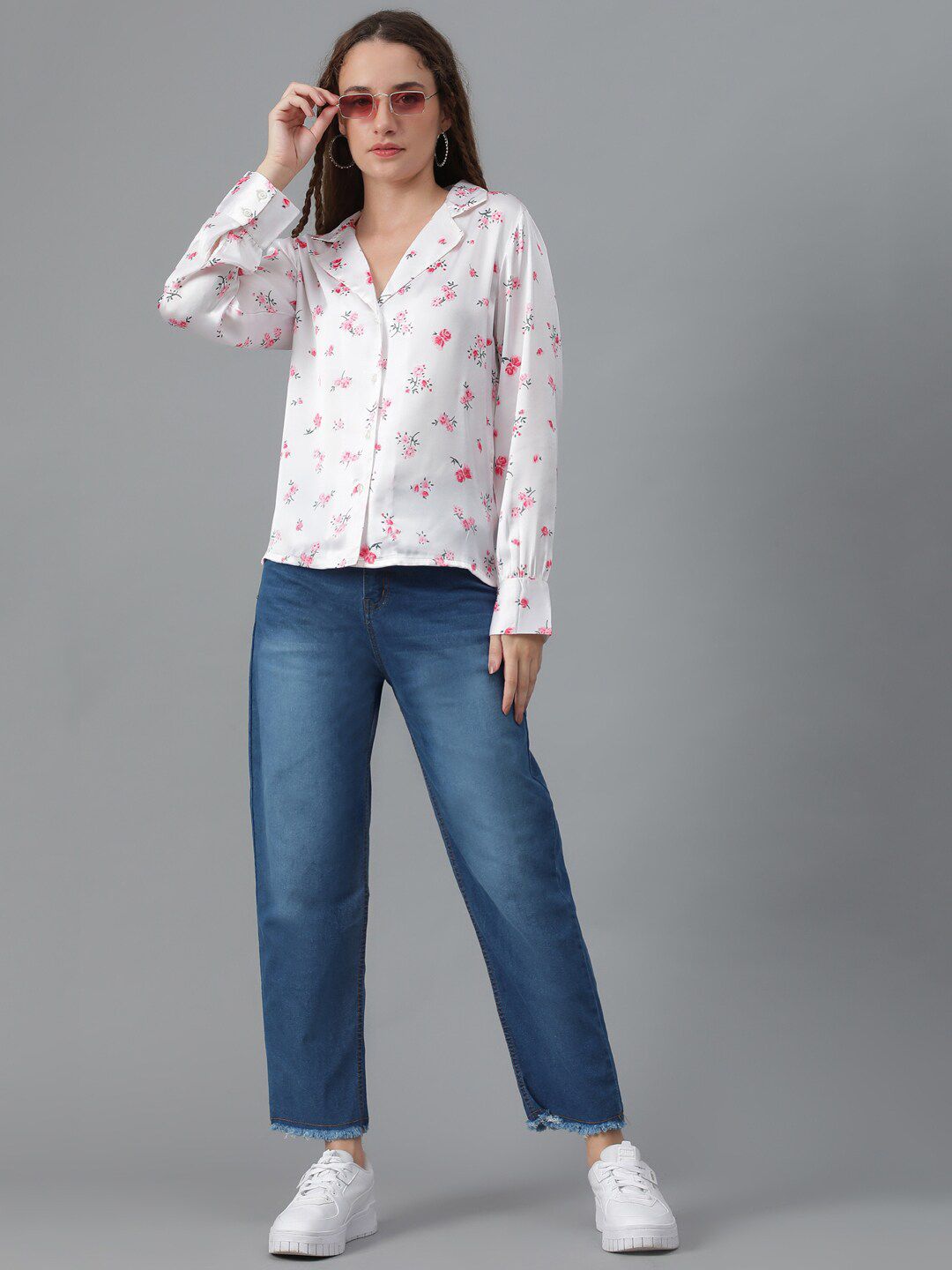 Kotty White & Pink Relaxed Floral Printed Cuban Collar Satin Casual Shirt