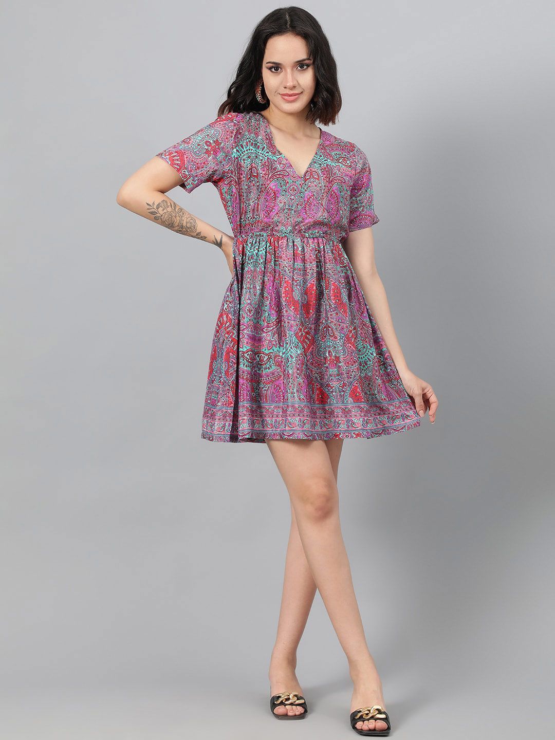 Kotty Magenta Ethnic Motif Printed Fit & Flare Mini Dress