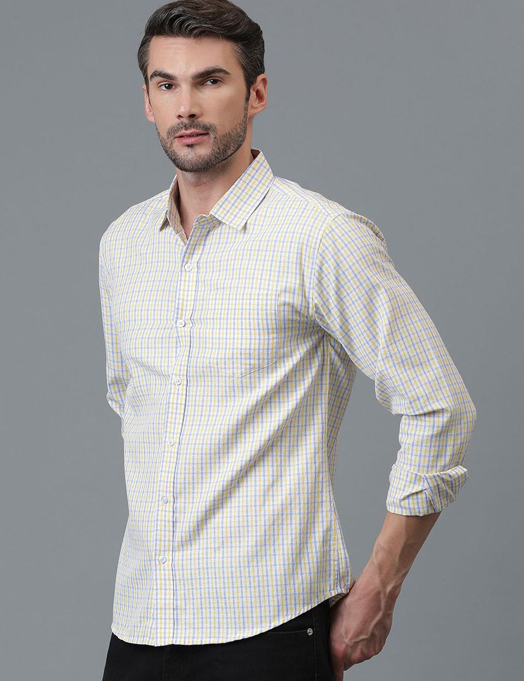 Kotty White & Yellow New Checked Spread Collar Casual Shirt