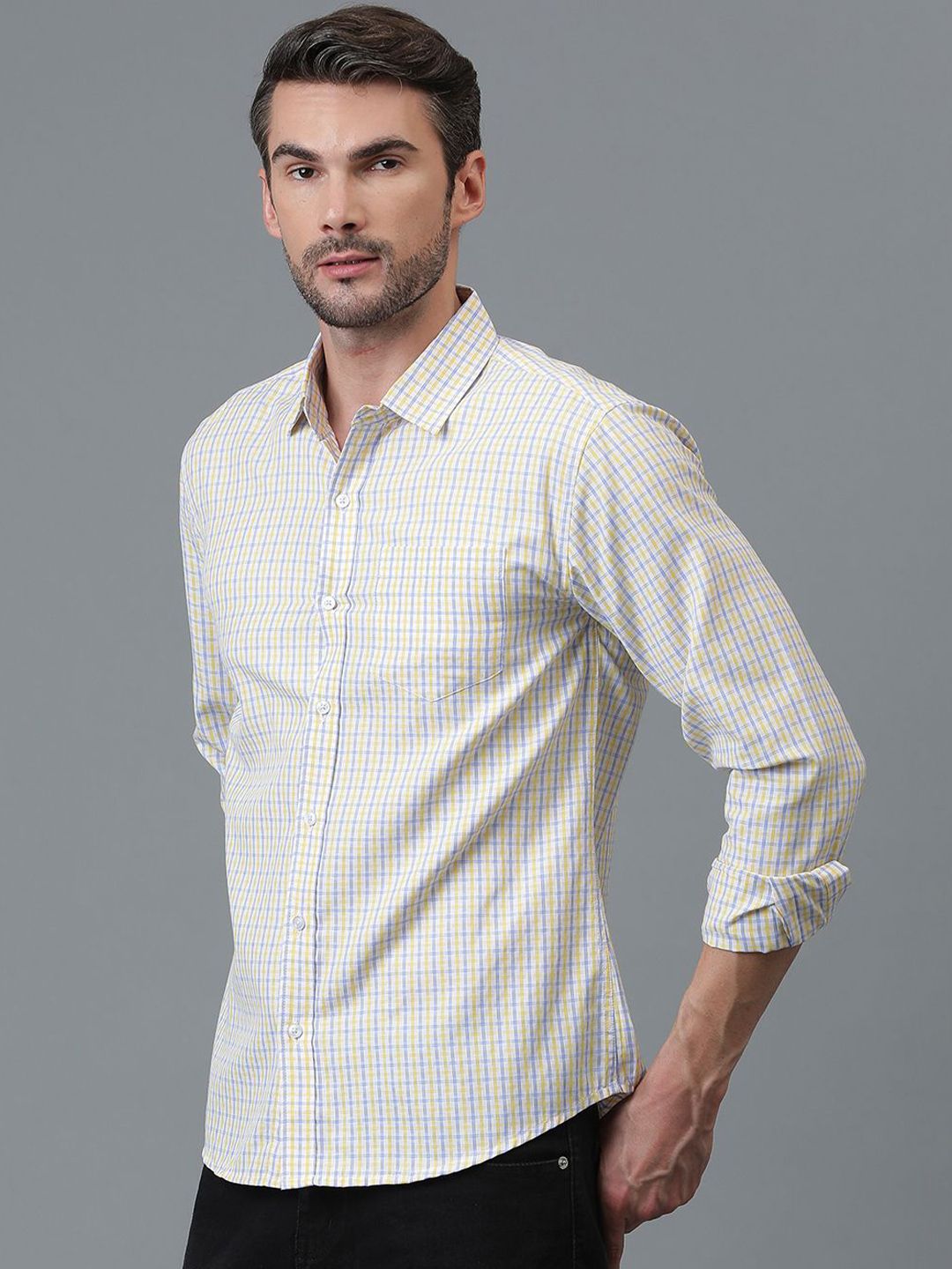 Kotty White & Yellow New Checked Spread Collar Casual Shirt