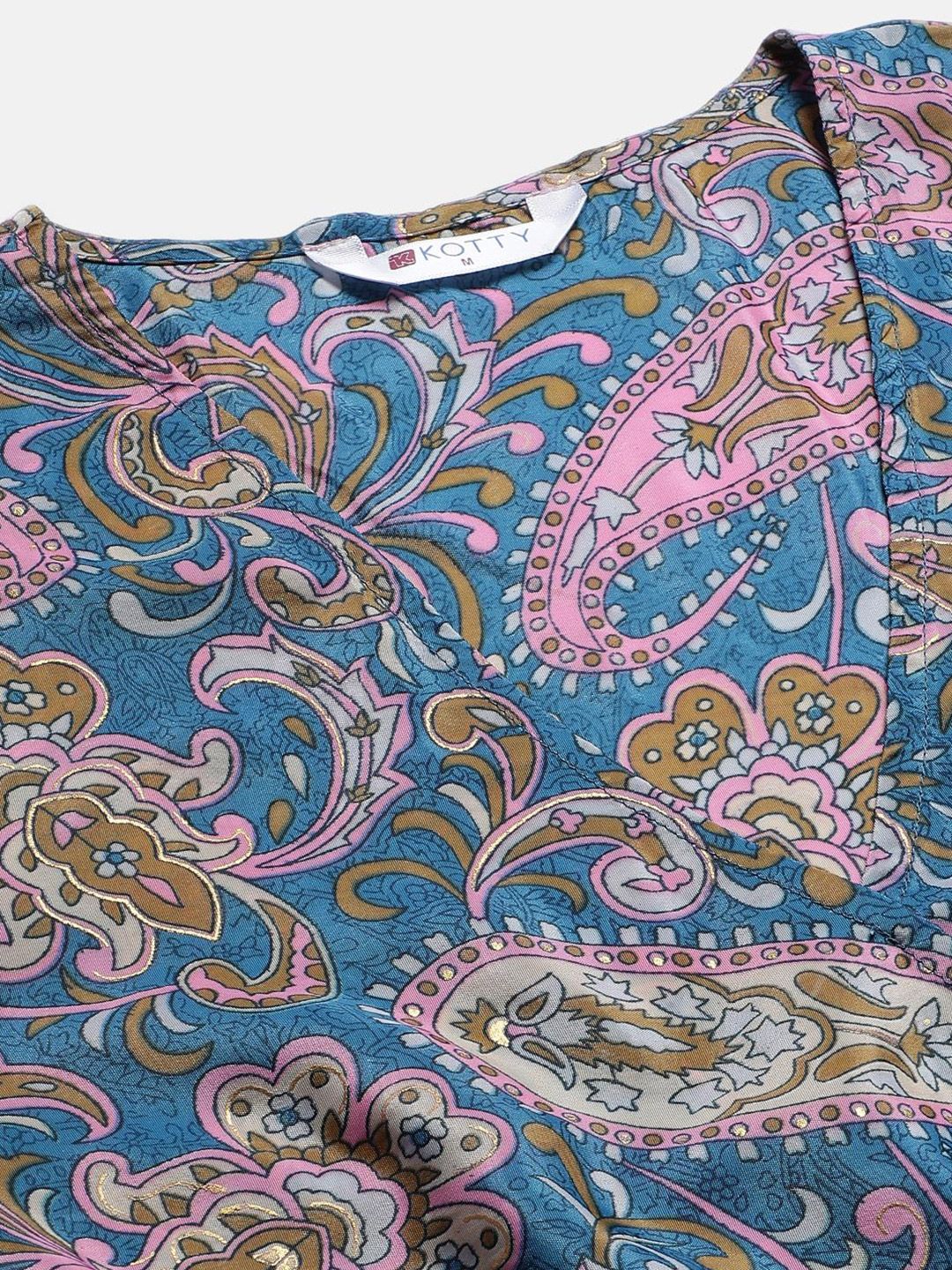 Kotty Blue And Pink Paisley Printed V-Neck Fit & Flare Dress