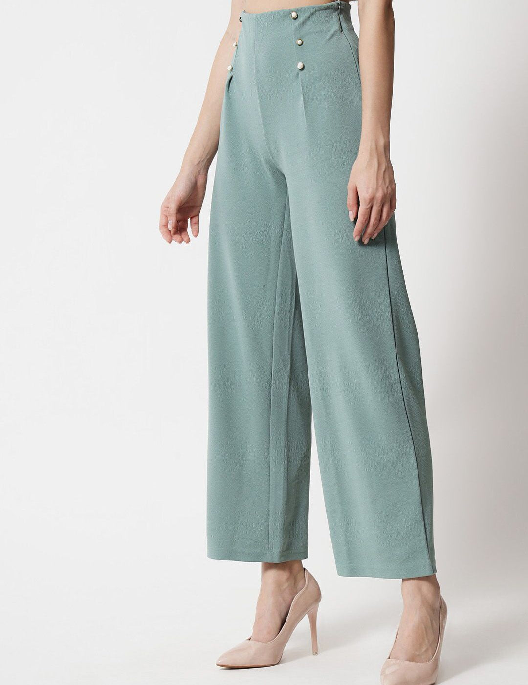 Kotty Women Green Relaxed Straight Fit High-Rise Easy Wash Pleated Trousers