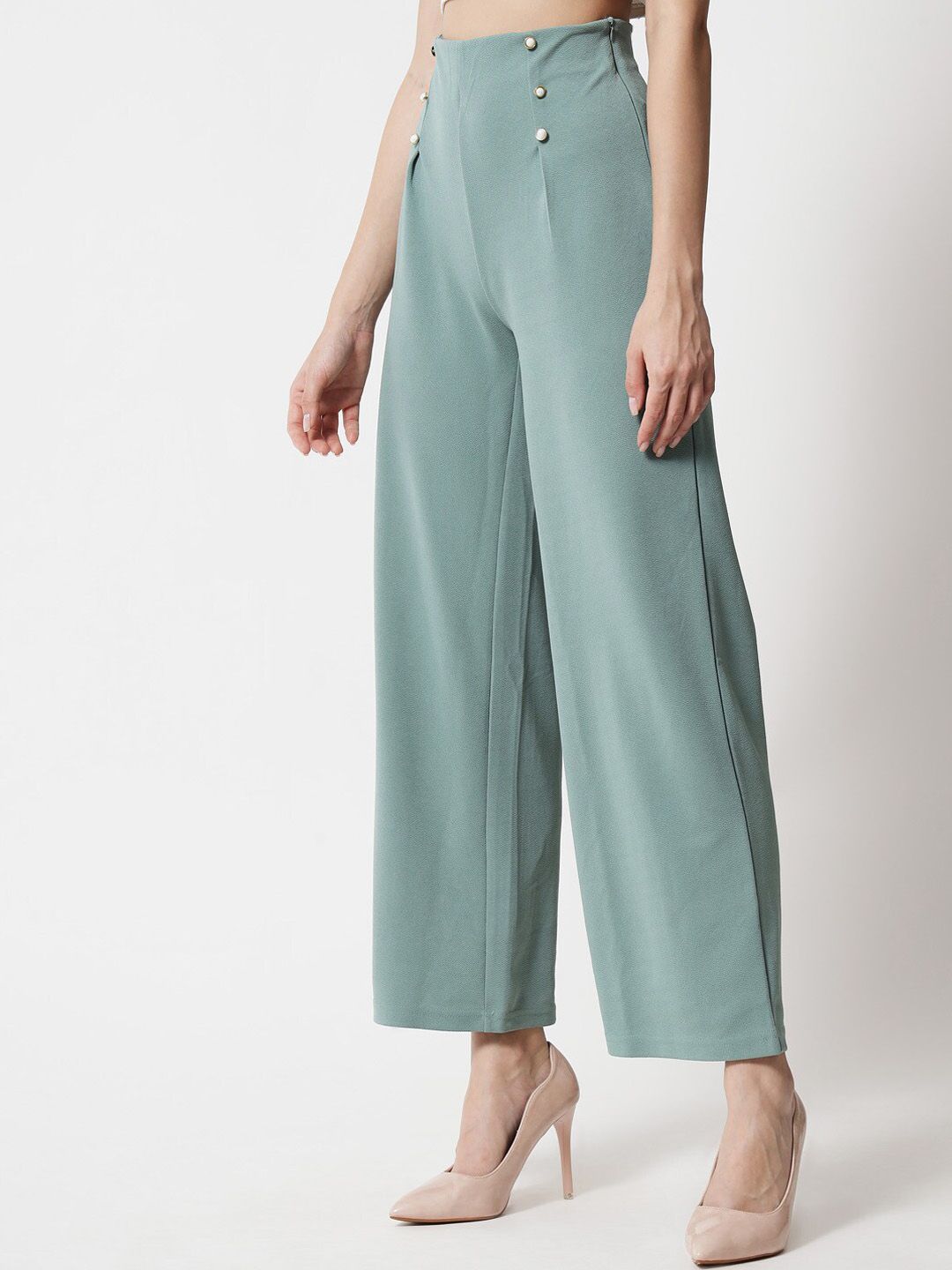 Kotty Women Green Relaxed Straight Fit High-Rise Easy Wash Pleated Trousers
