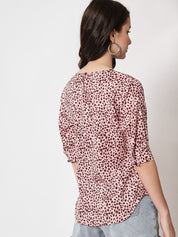 Kotty Round Neck Animal Printed Cuffed Sleeves Top