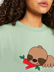 Kotty Green Printed Round Neck Drop-Shoulder Sleeves Oversized T-shirt