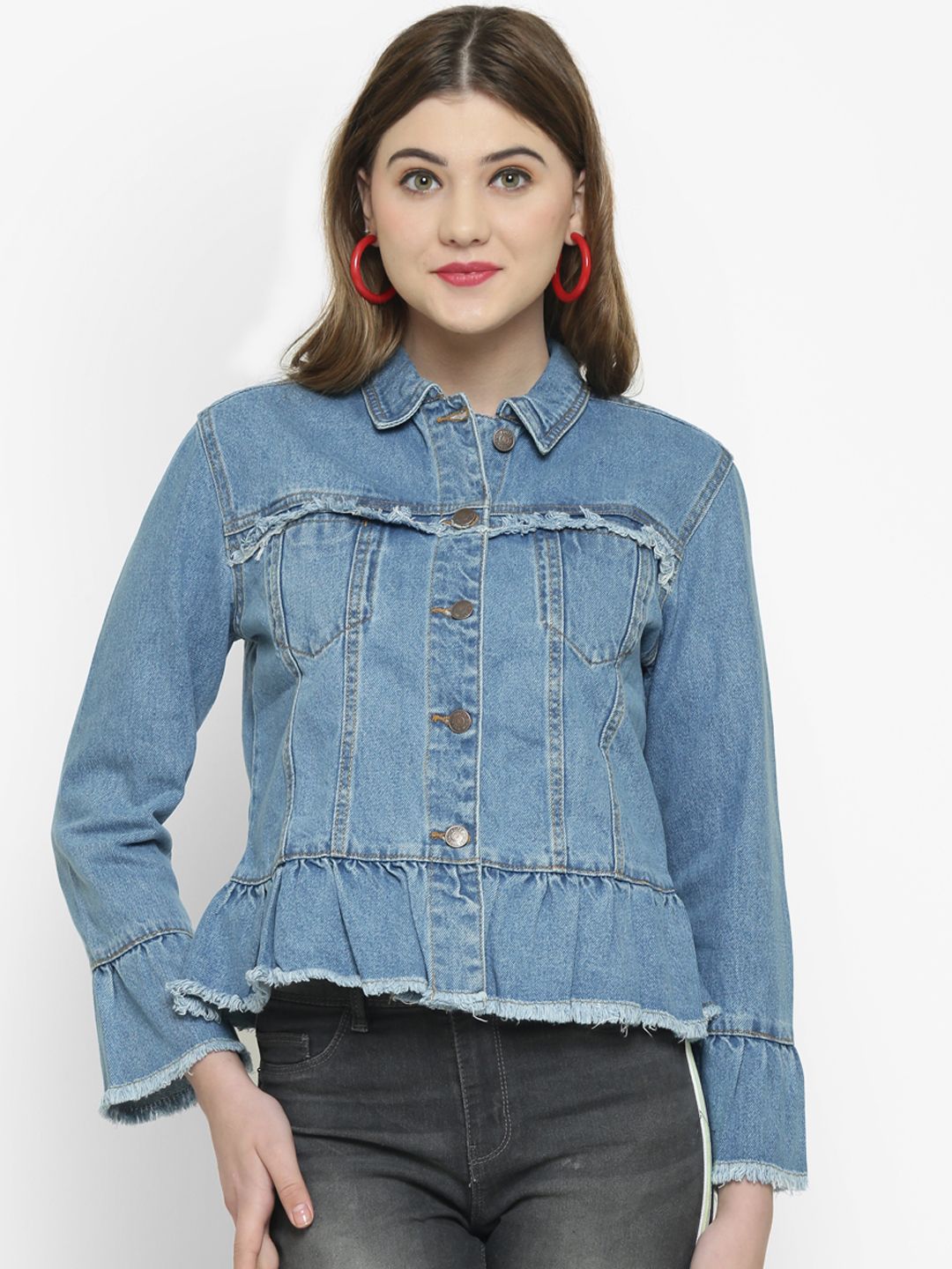 Kotty Women Blue Solid Denim Jacket