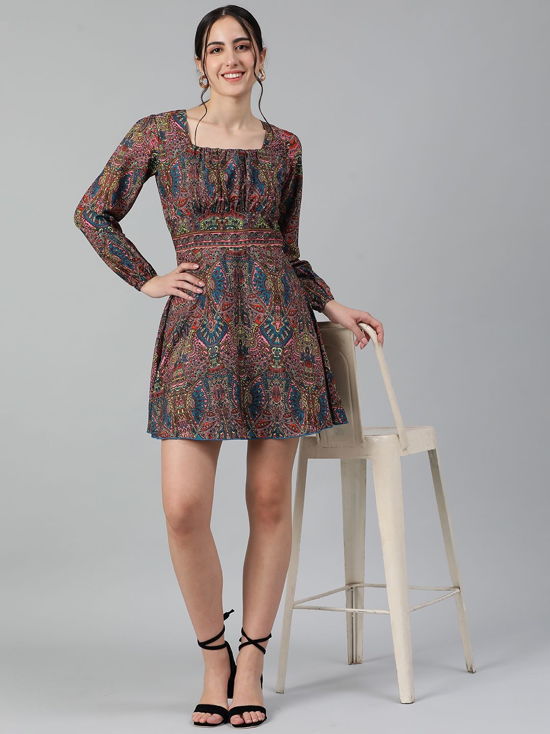 Kotty Ethnic Motifs Printed Square Neck Puff Sleeves Fit & Flare Dress