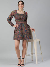 Kotty Ethnic Motifs Printed Square Neck Puff Sleeves Fit & Flare Dress
