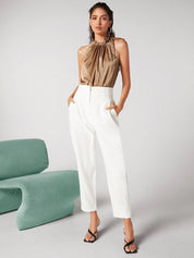 Kotty Brown Tie-Up Neck Sleeveless Satin Top