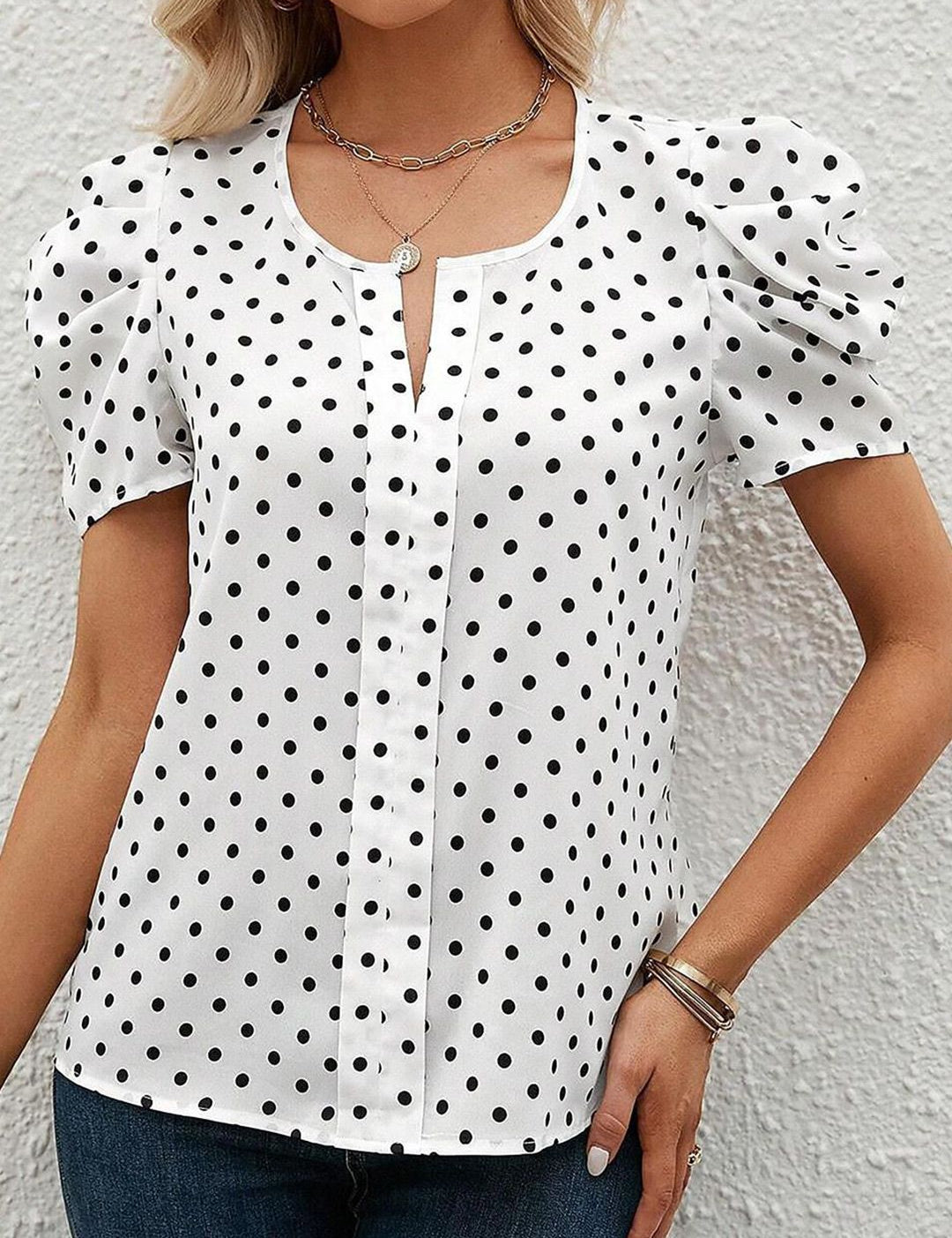 Kotty White & Black Polka Dot Printed Puff Sleeve Top