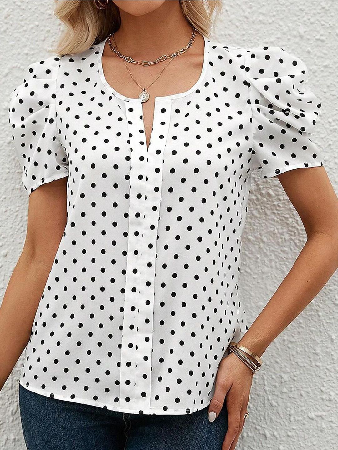 Kotty White & Black Polka Dot Printed Puff Sleeve Top
