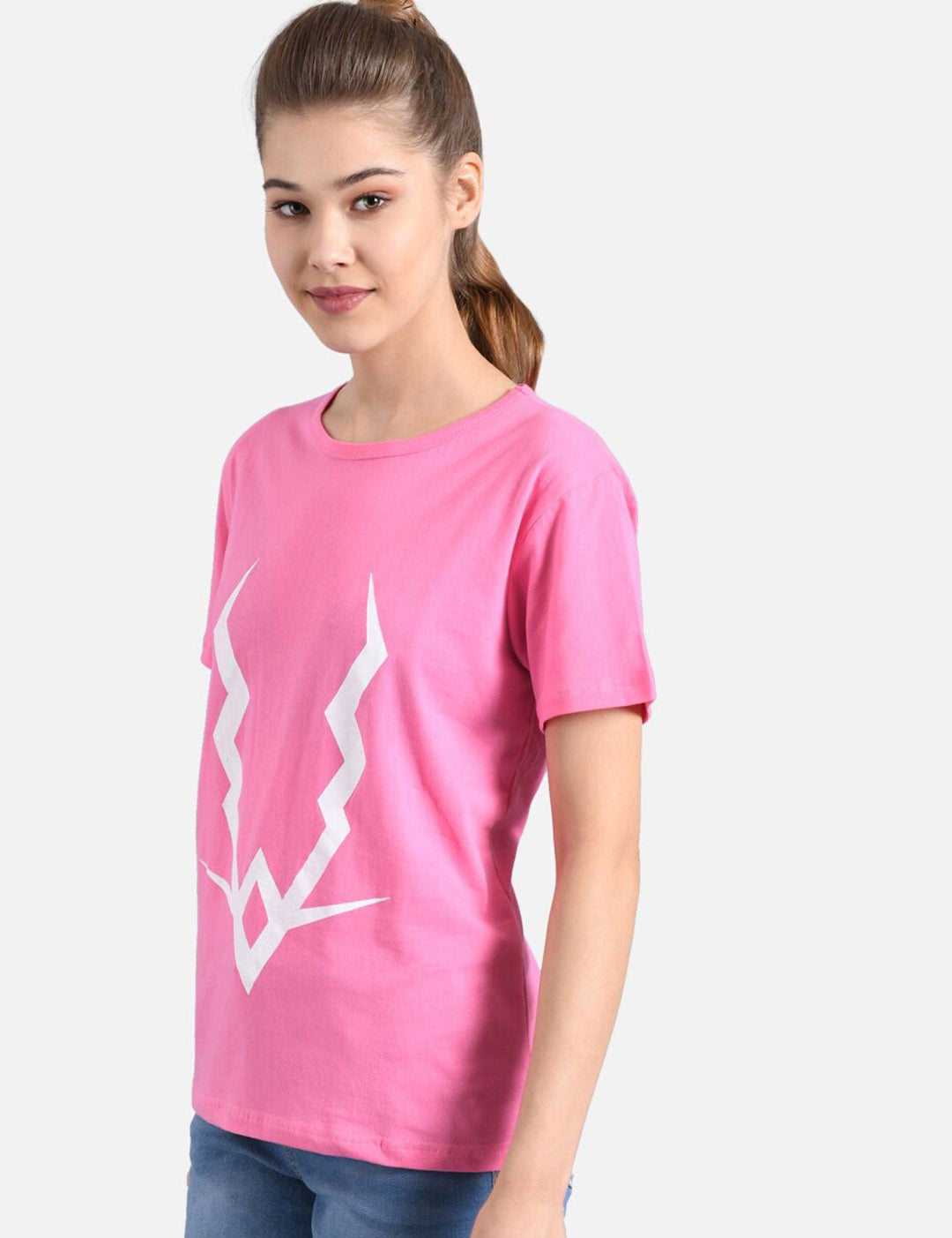Kotty Women Pink & White Printed Round Neck T-shirt
