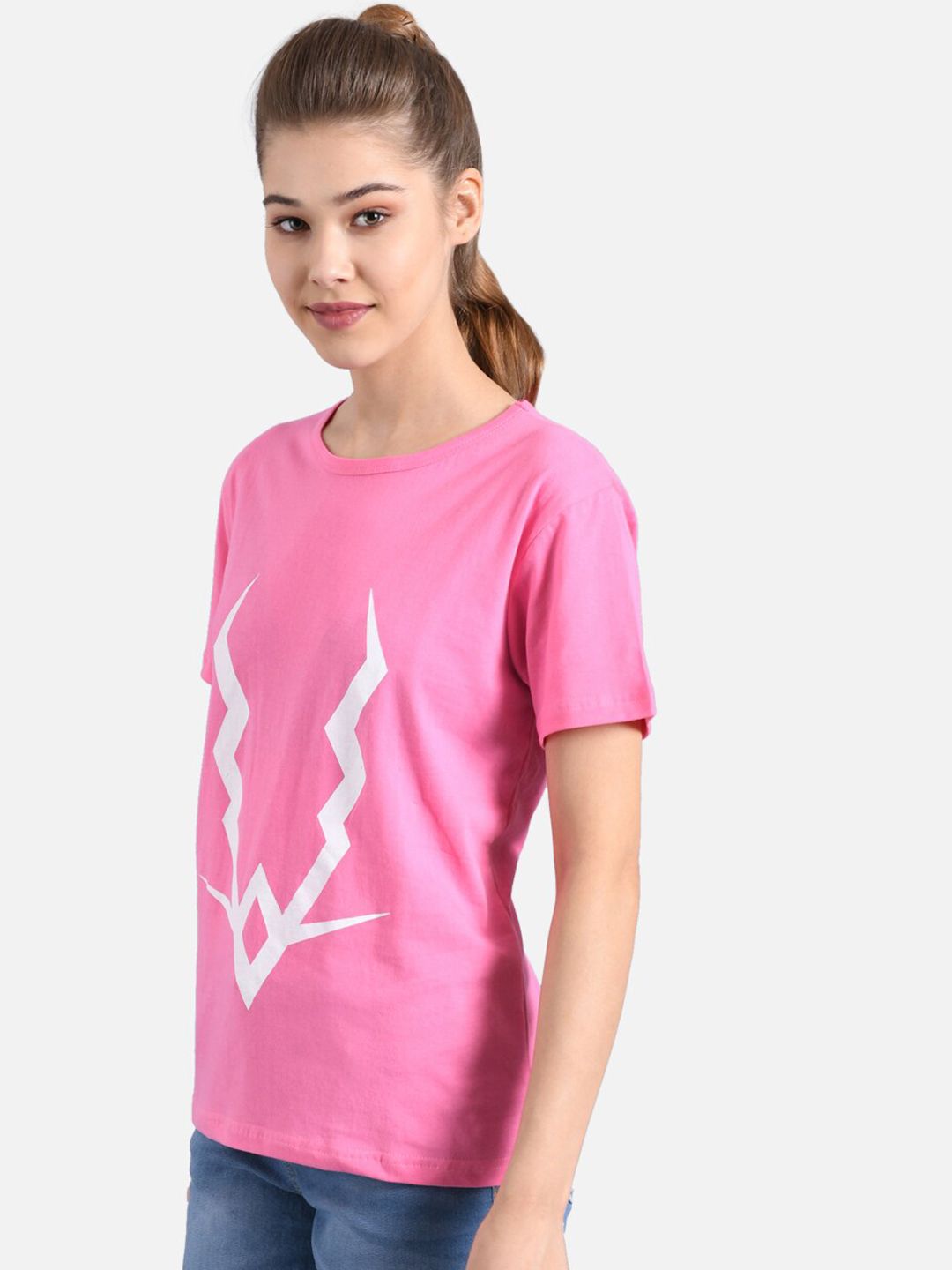 Kotty Women Pink & White Printed Round Neck T-shirt