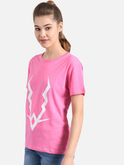 Kotty Women Pink & White Printed Round Neck T-shirt