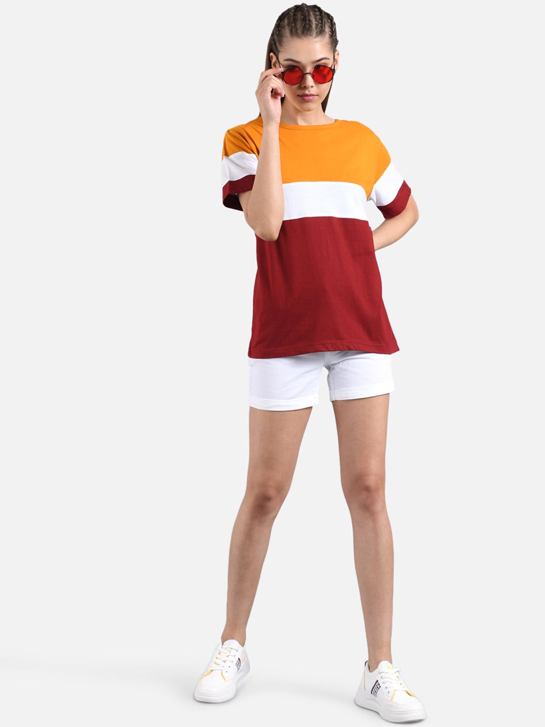 Kotty Women Orange & Maroon Colourblocked Round Neck T-shirt