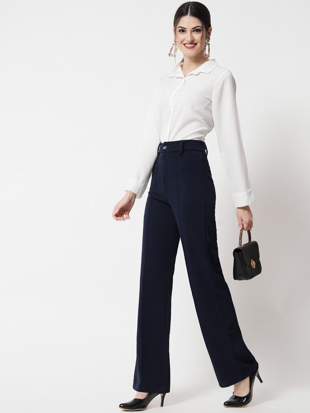 KOTTY BIZwear Women Navy Blue Relaxed Straight Fit High-Rise Pleated Trouser