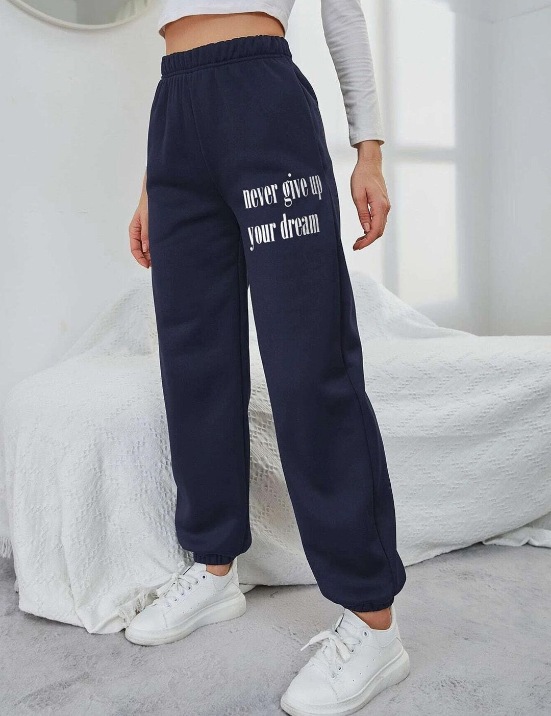 Kotty Women Navy Blue Typography Printed Relaxed Fit Pure Cotton Joggers