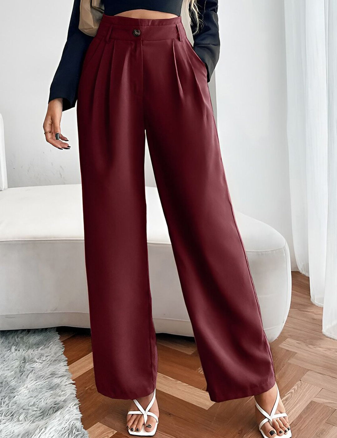 Maroon Relaxed Fit High-Rise Pleated Parallel Trousers