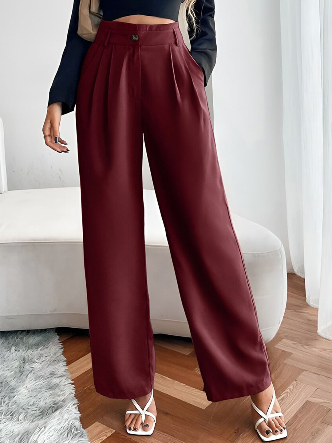 Maroon Relaxed Fit High-Rise Pleated Parallel Trousers