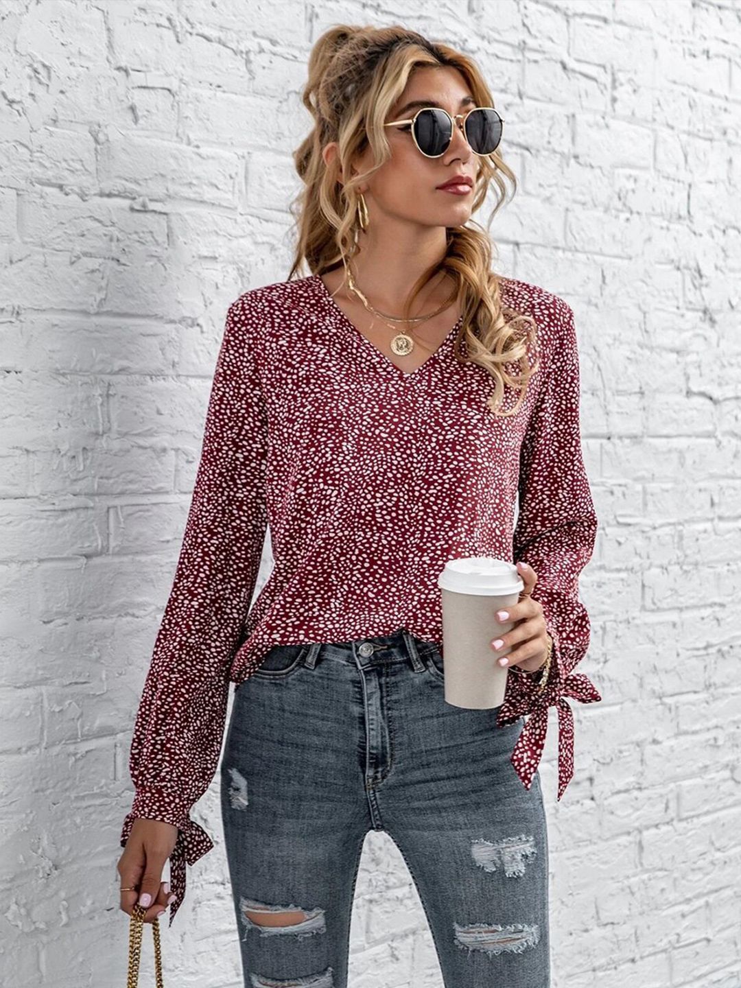 Kotty Women Maroon & White Print Crepe Top