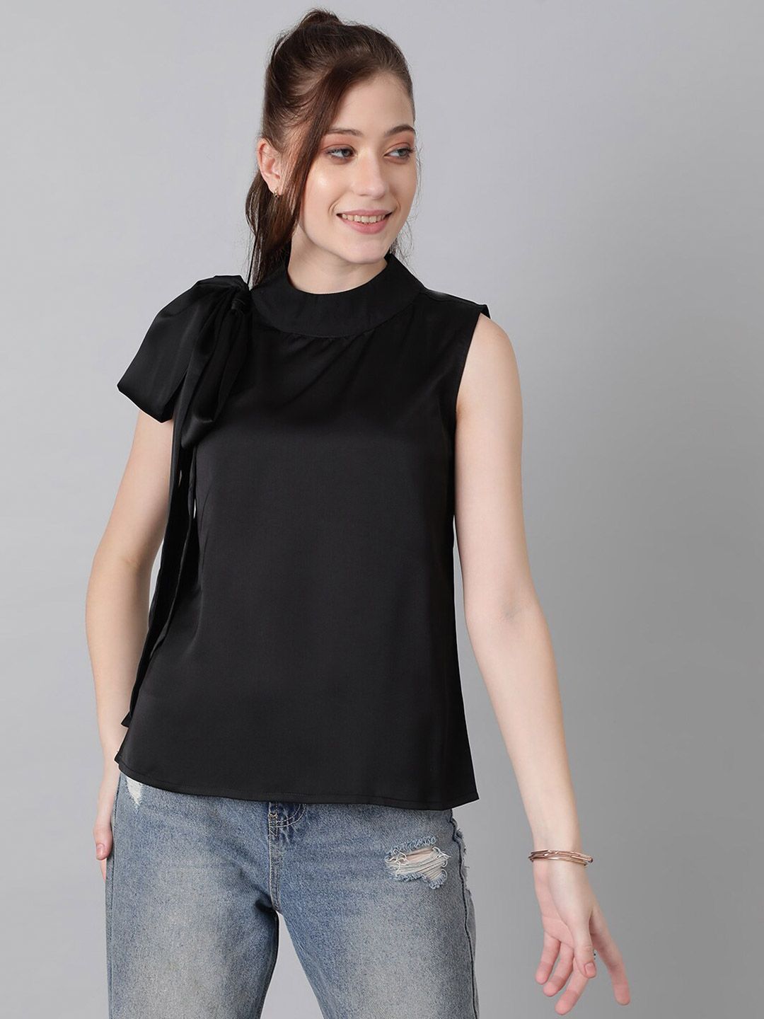 Kotty Black High Neck Sleeveless Tie-Ups Satin Top