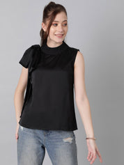 Kotty Black High Neck Sleeveless Tie-Ups Satin Top