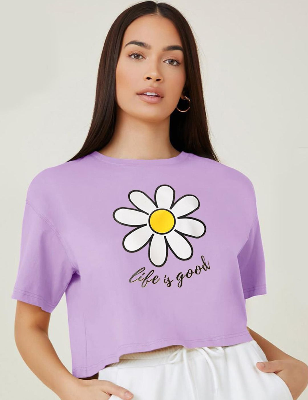 Kotty Purple Floral Printed Round Neck Drop-Shoulder Sleeves Oversized Crop T-shirt