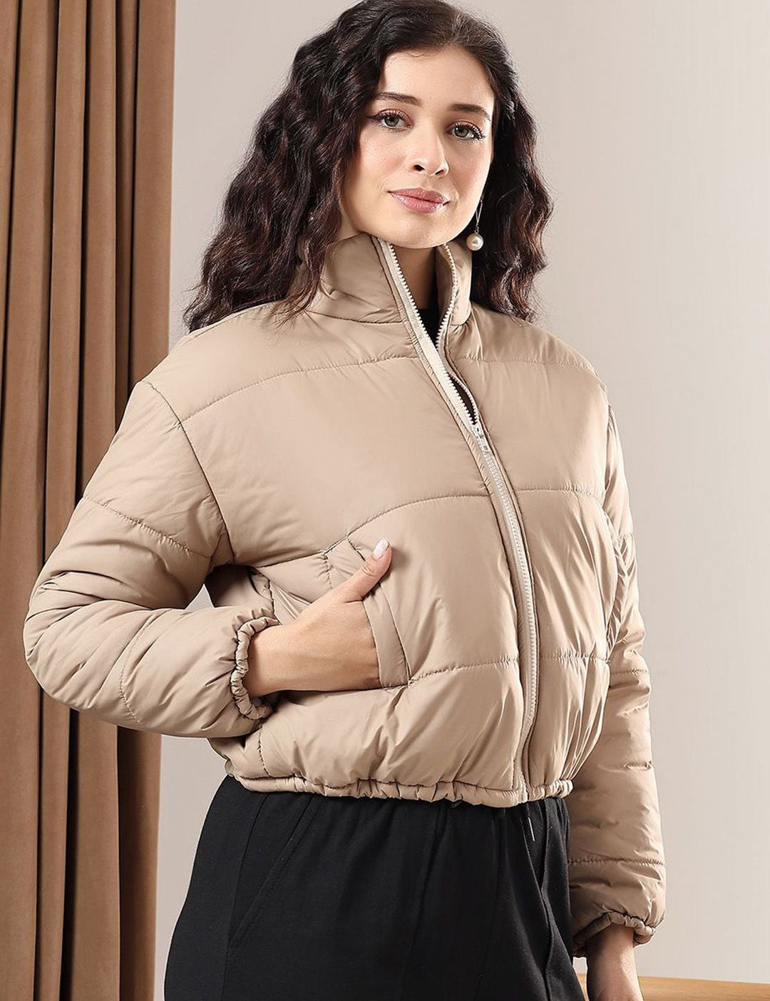 Kotty Women Mock Collar Solid Casual Puffer Insulator Jacket