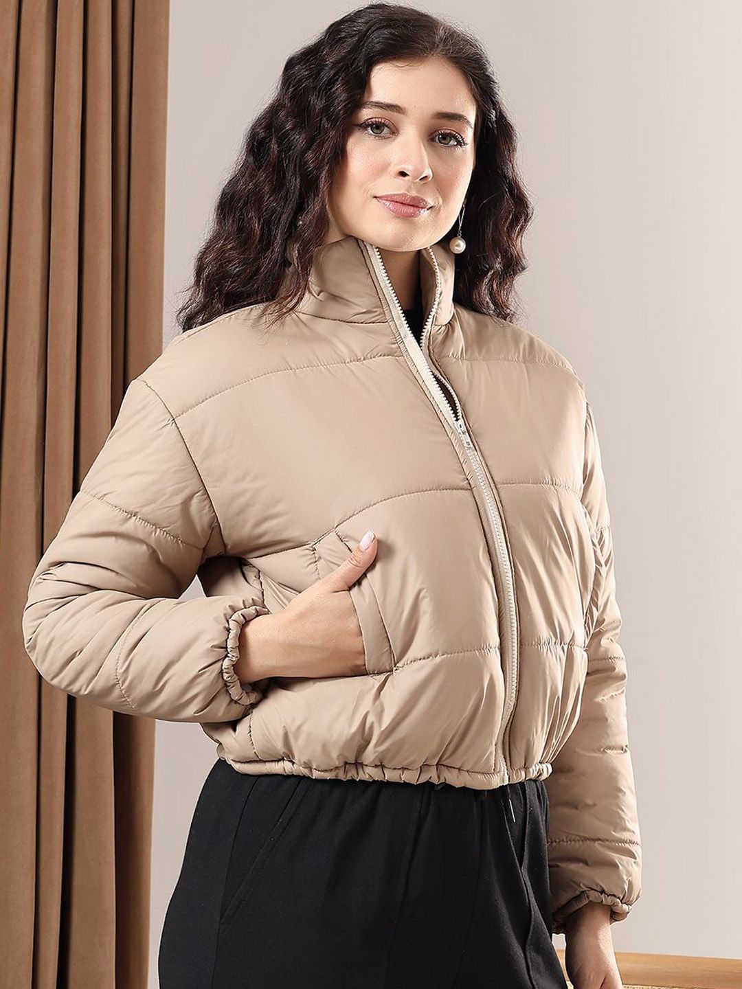 Kotty Women Mock Collar Solid Casual Puffer Insulator Jacket