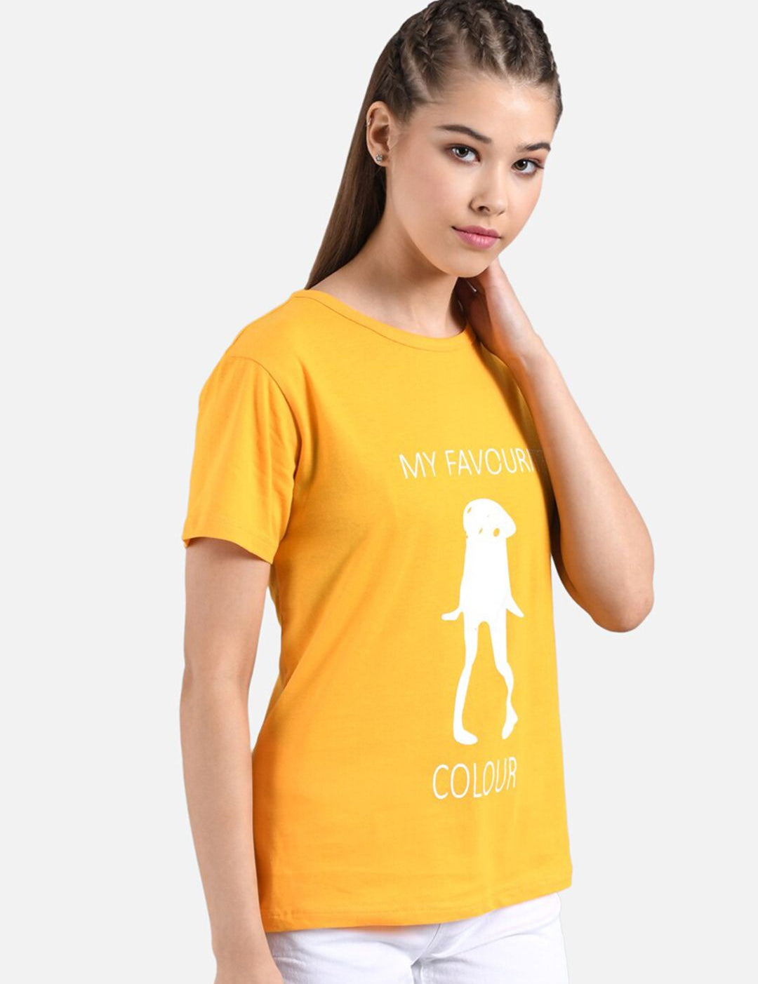 Kotty Women Mustard Yellow & White Printed Round Neck T-shirt