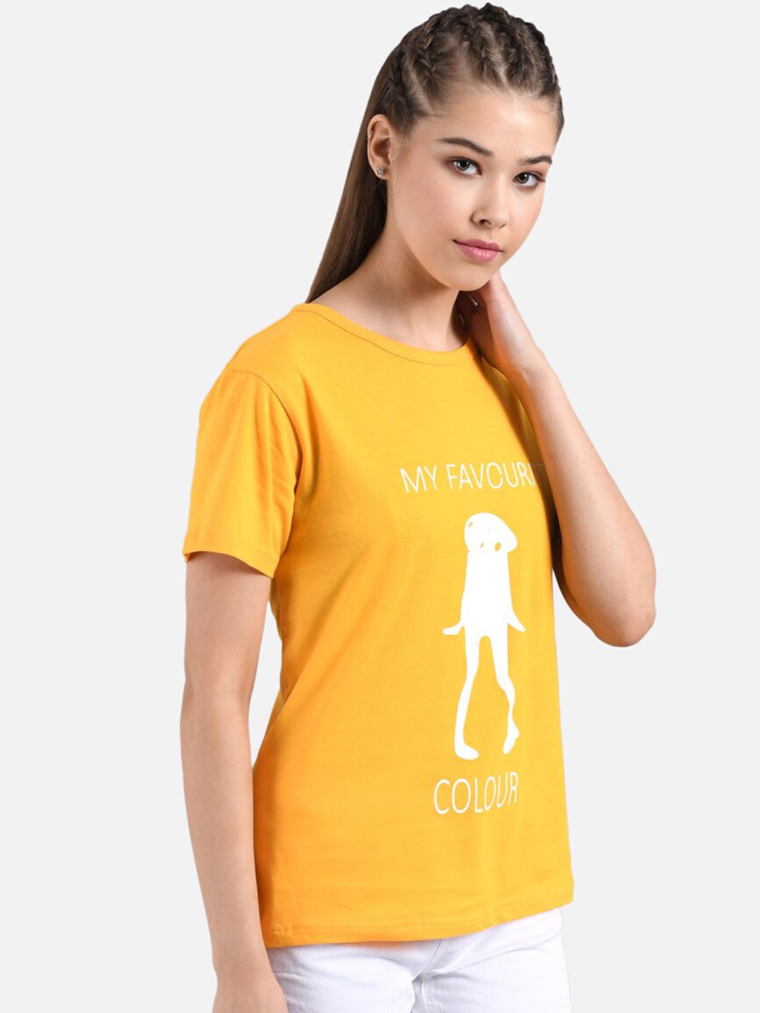 Kotty Women Mustard Yellow & White Printed Round Neck T-shirt