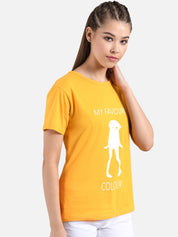 Kotty Women Mustard Yellow & White Printed Round Neck T-shirt