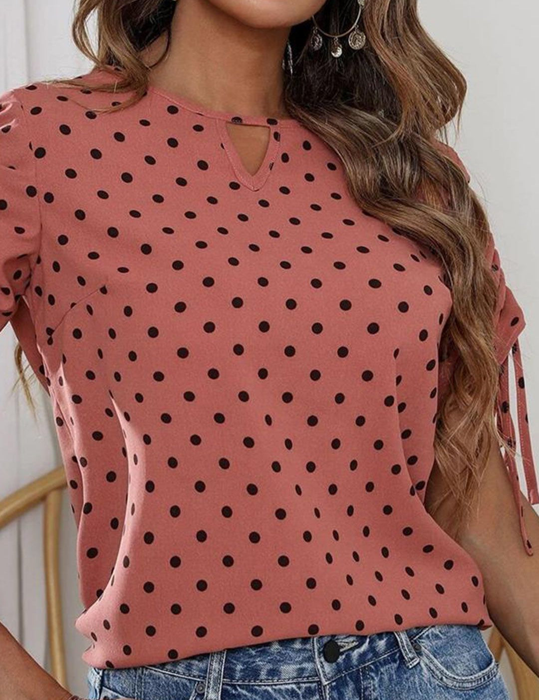 Kotty Peach Coloured Polka Dot Printed Keyhole Neck Regular Top