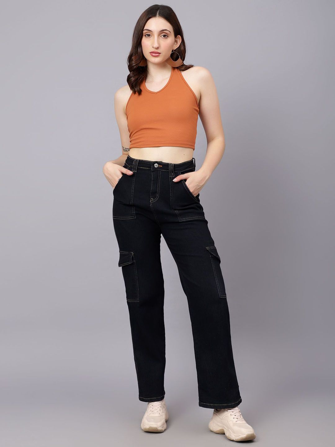 KOTTY Basics Women Straight Fit High-Rise Mildly Distressed Stretchable Cargo Styles Jeans