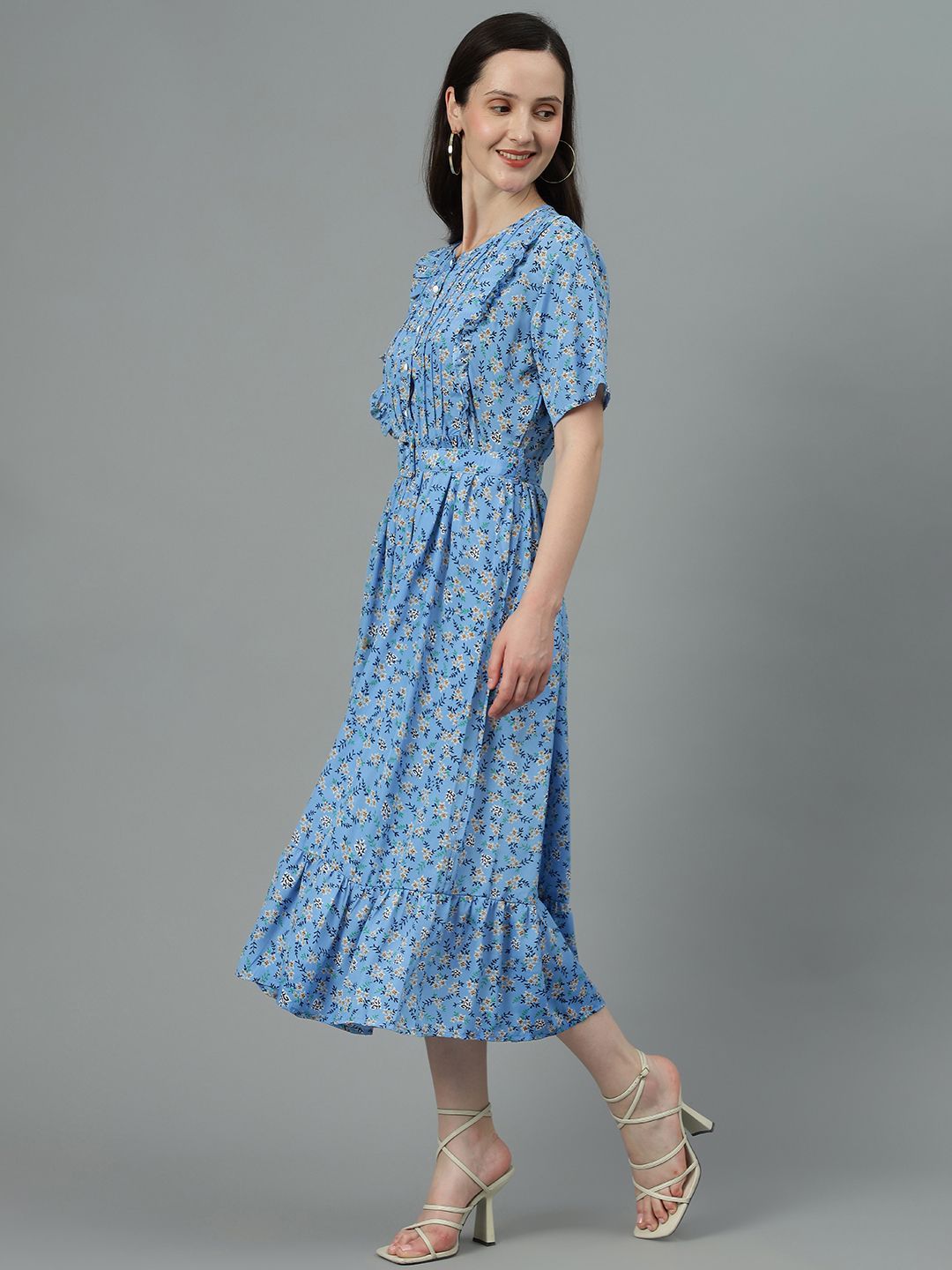 Kotty Blue Floral Printed Fit & Flare Midi Dress