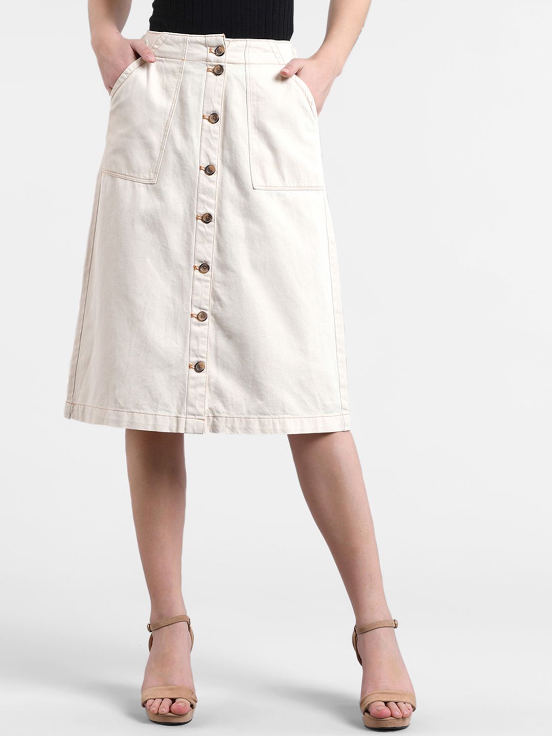 Kotty Women Off-White Solid Denim A-Line Skirt