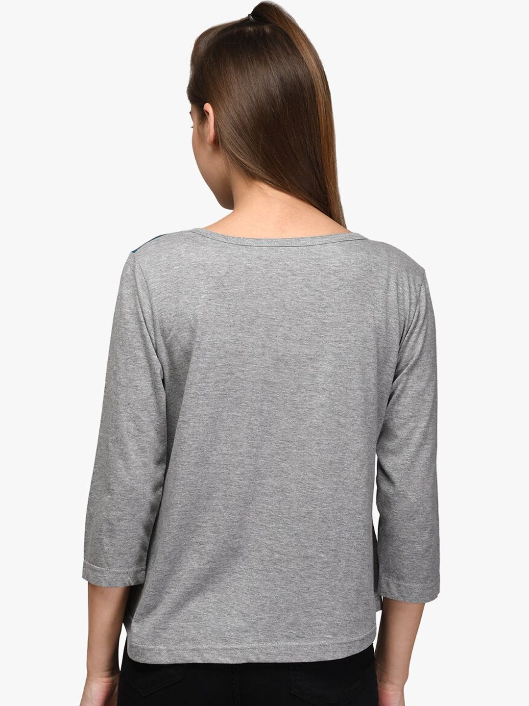 Kotty Women Blue & Grey Colourblocked Round Neck T-shirt