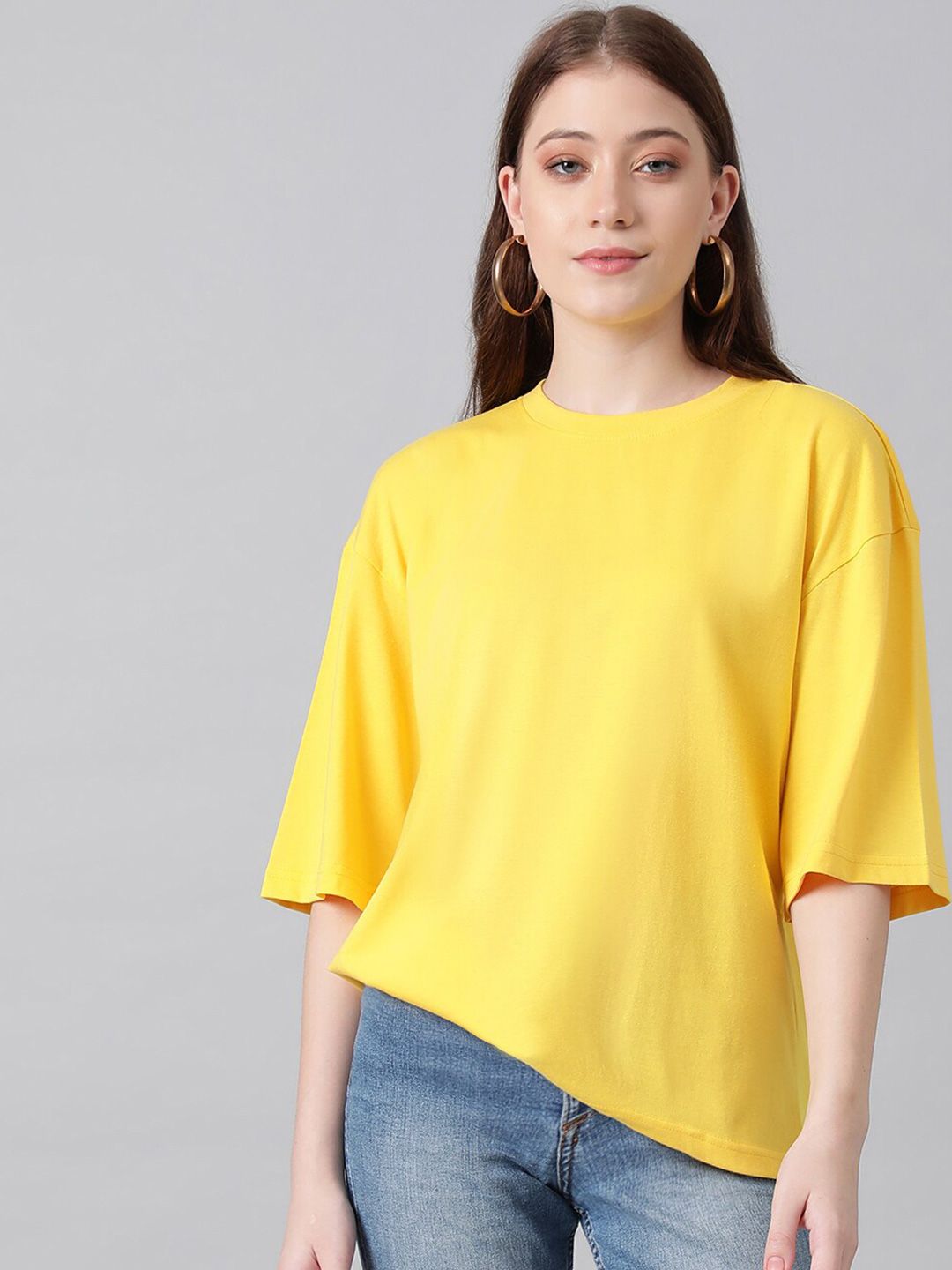 KOTTY Basics Round Neck Drop-Shoulder Sleeves Oversized T-shirt