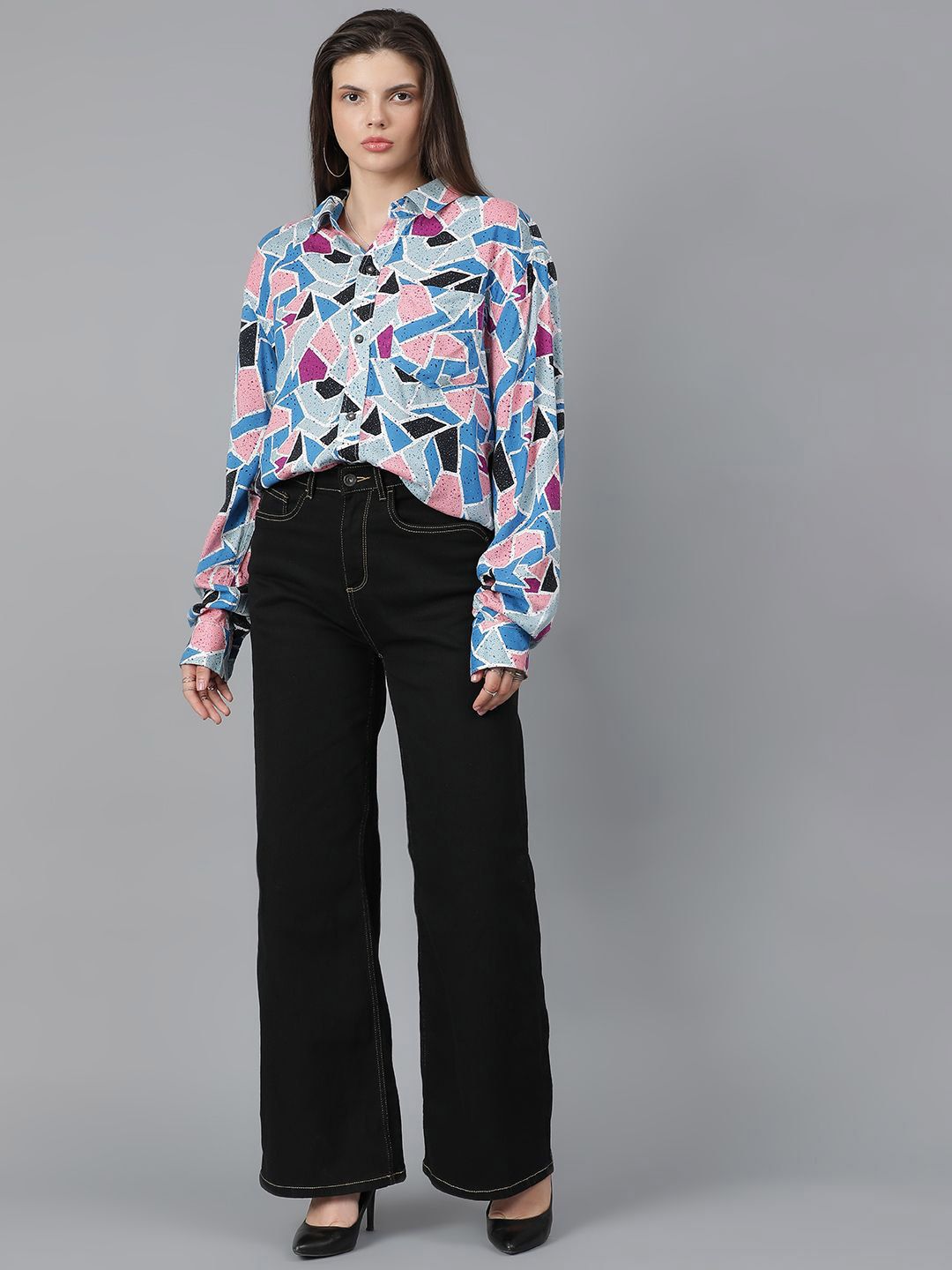 Kotty Women Spread Collar Abstract Printed Cotton Oversized Casual Shirt