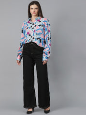 Kotty Women Spread Collar Abstract Printed Cotton Oversized Casual Shirt