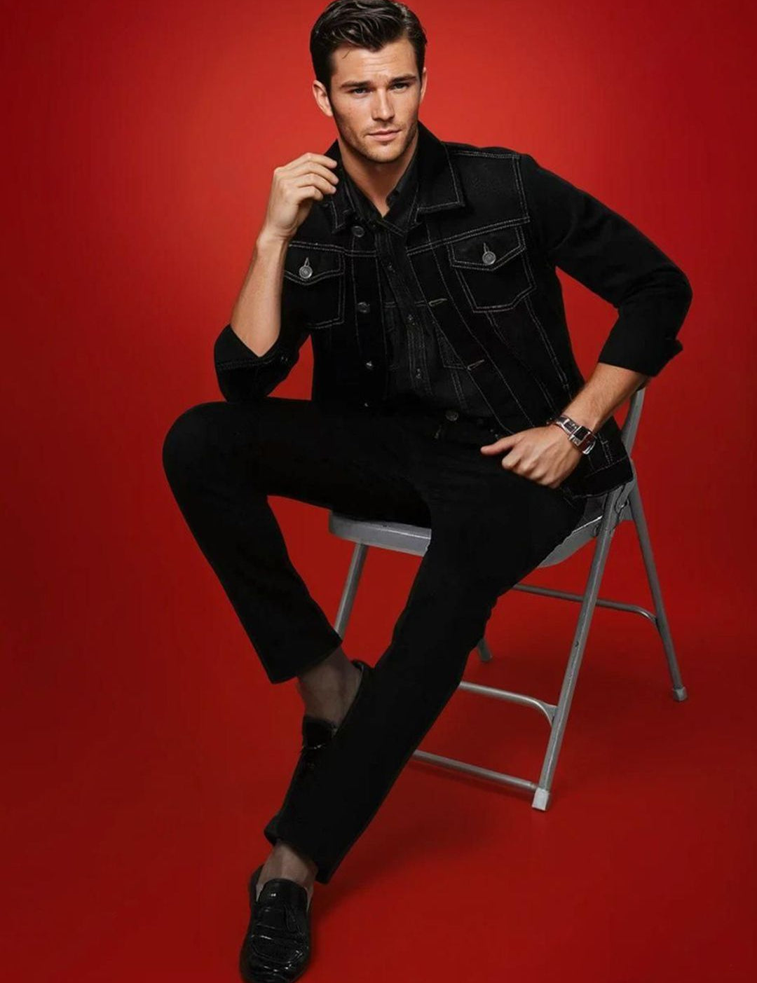 Kotty Men Spread Collar Solid Denim Jacket